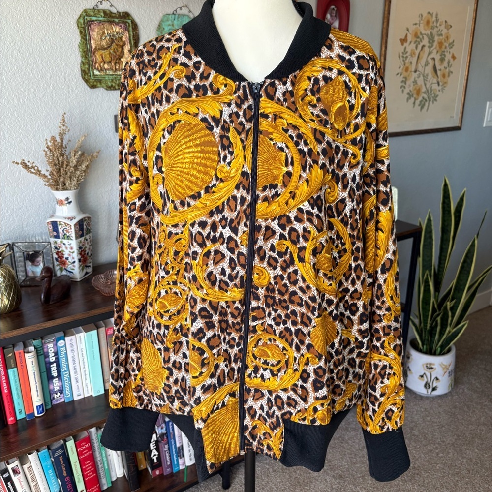Vintage Saint Germain Paris Baroque Leopard Print Bomber Jacket with Gold Scroll